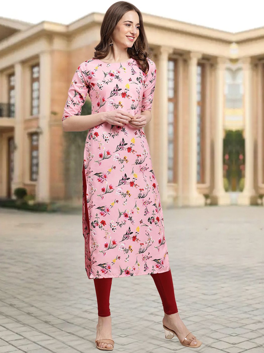 

7Threads Floral Printed Round Neck Straight Kurta, Pink