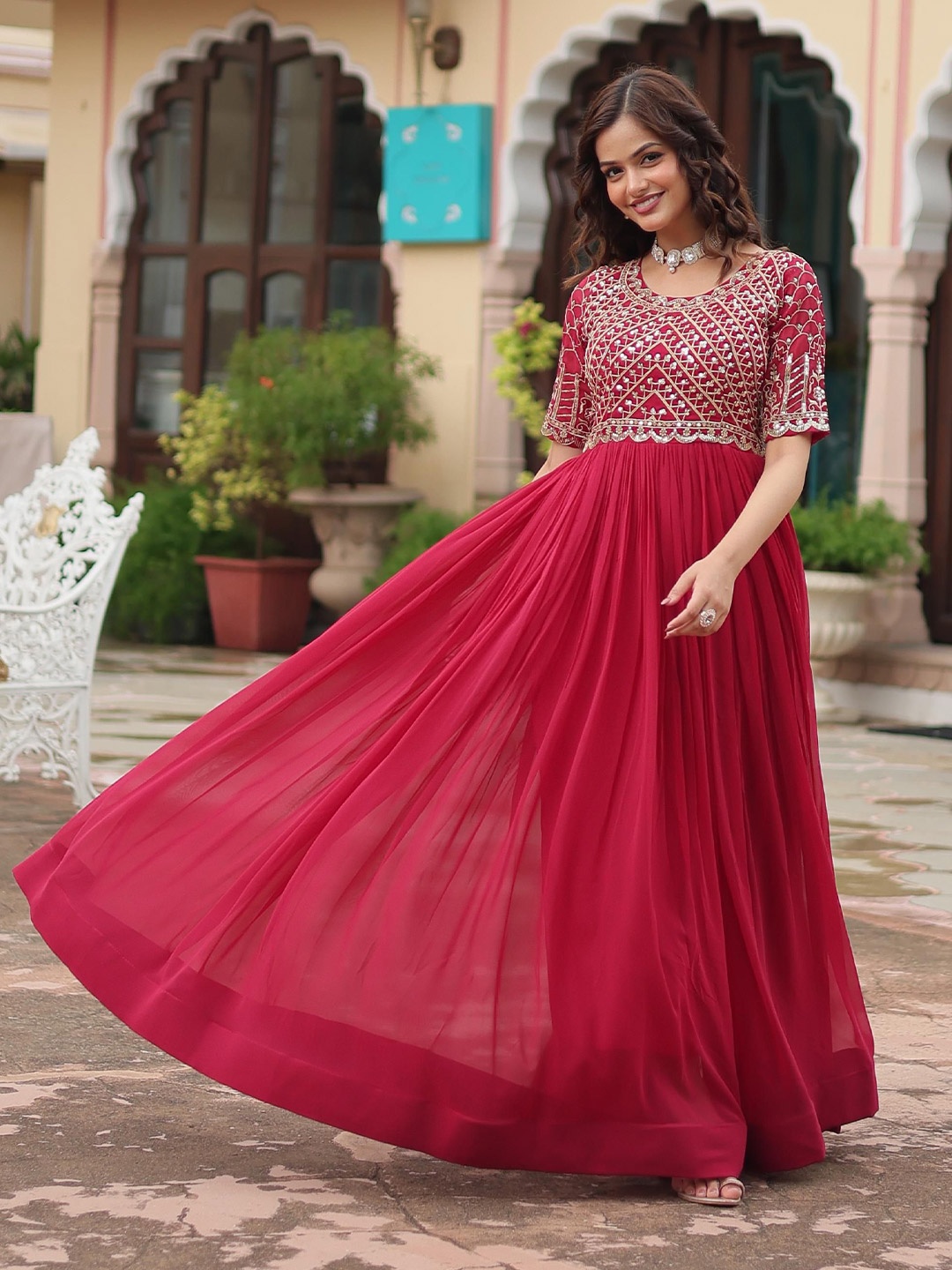 

FVD Embroidered Sequined Maxi Ethnic Dress, Pink