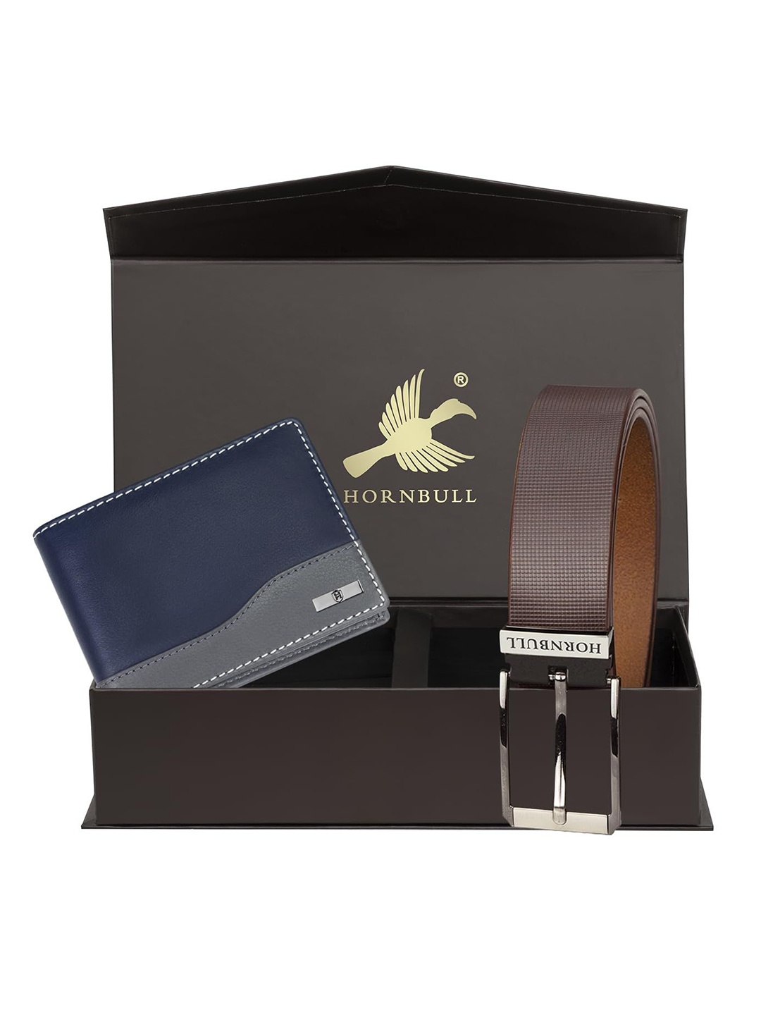 

Hornbull Men Buttler Leather RFID Protected Brown Wallet & Belt Accessory Gift Set, Navy blue