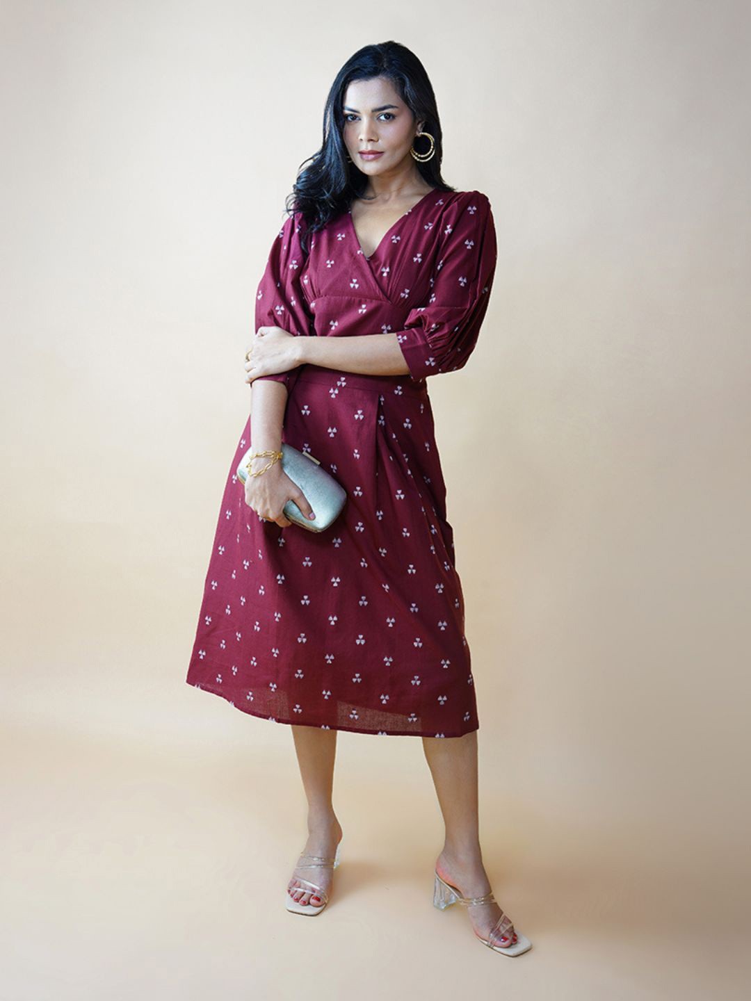 

AKISO Women Printed Puff Sleeve Wrap Midi Dress, Maroon