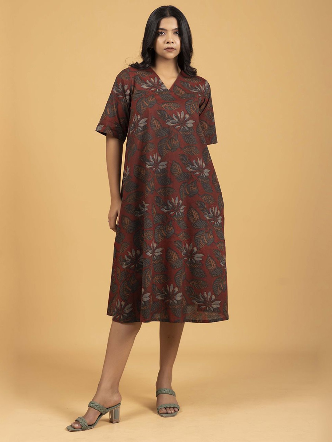 

SPARSA Floral Print A-Line Midi Dress, Maroon