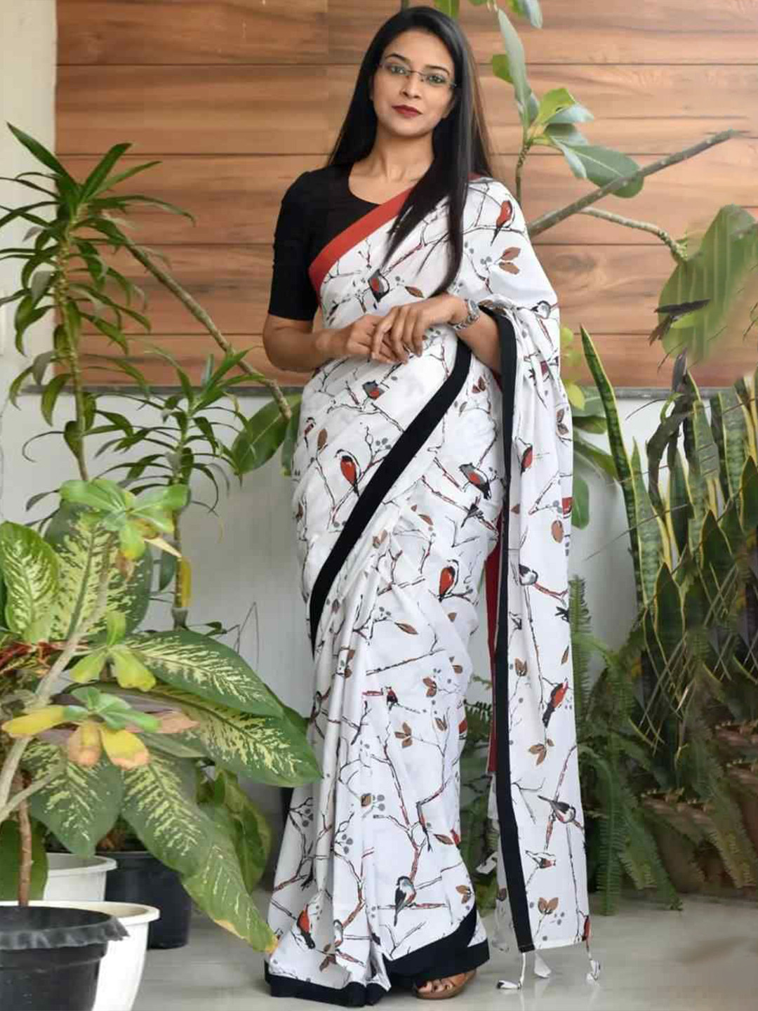 

HERE&NOW Ethnic Motifs Printed Pure Cotton Saree, White