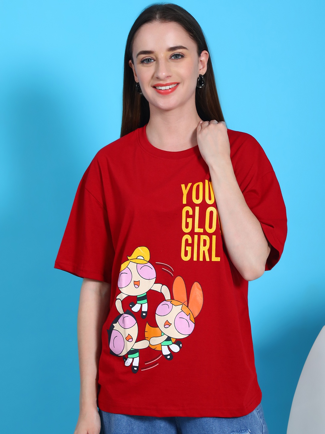 

Dreambe Women Pack Of 2 Minnie Mouse Fusion Graphic Printed Cotton Oversized T-shirts, Maroon