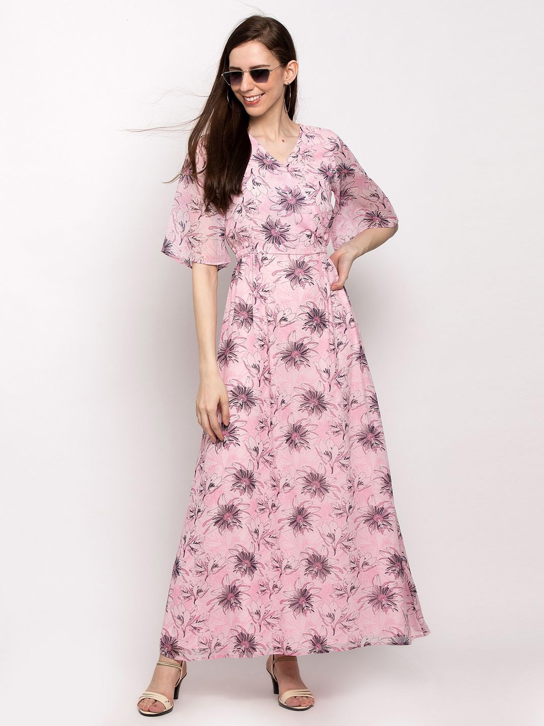 

Moda Rapido Floral Print Flared Sleeve Georgette A-Line Maxi Dress, Pink