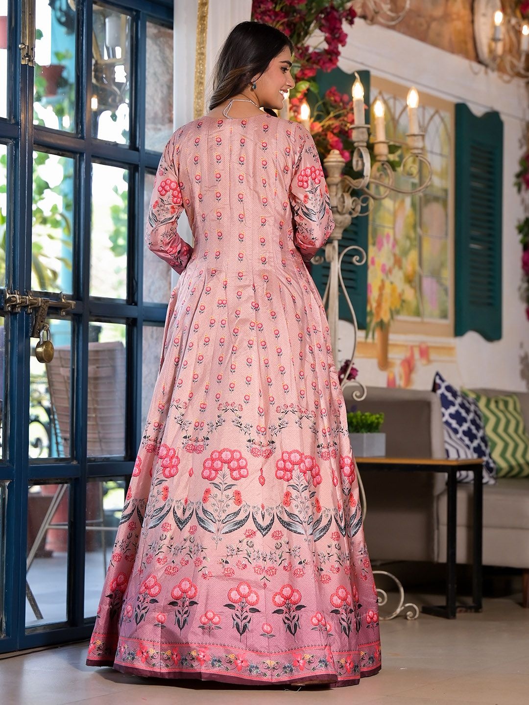 

Meena Bazaar Floral Printed Panelled Beads And Stones A-Line Kurta With Churidar & Dupatta, Peach