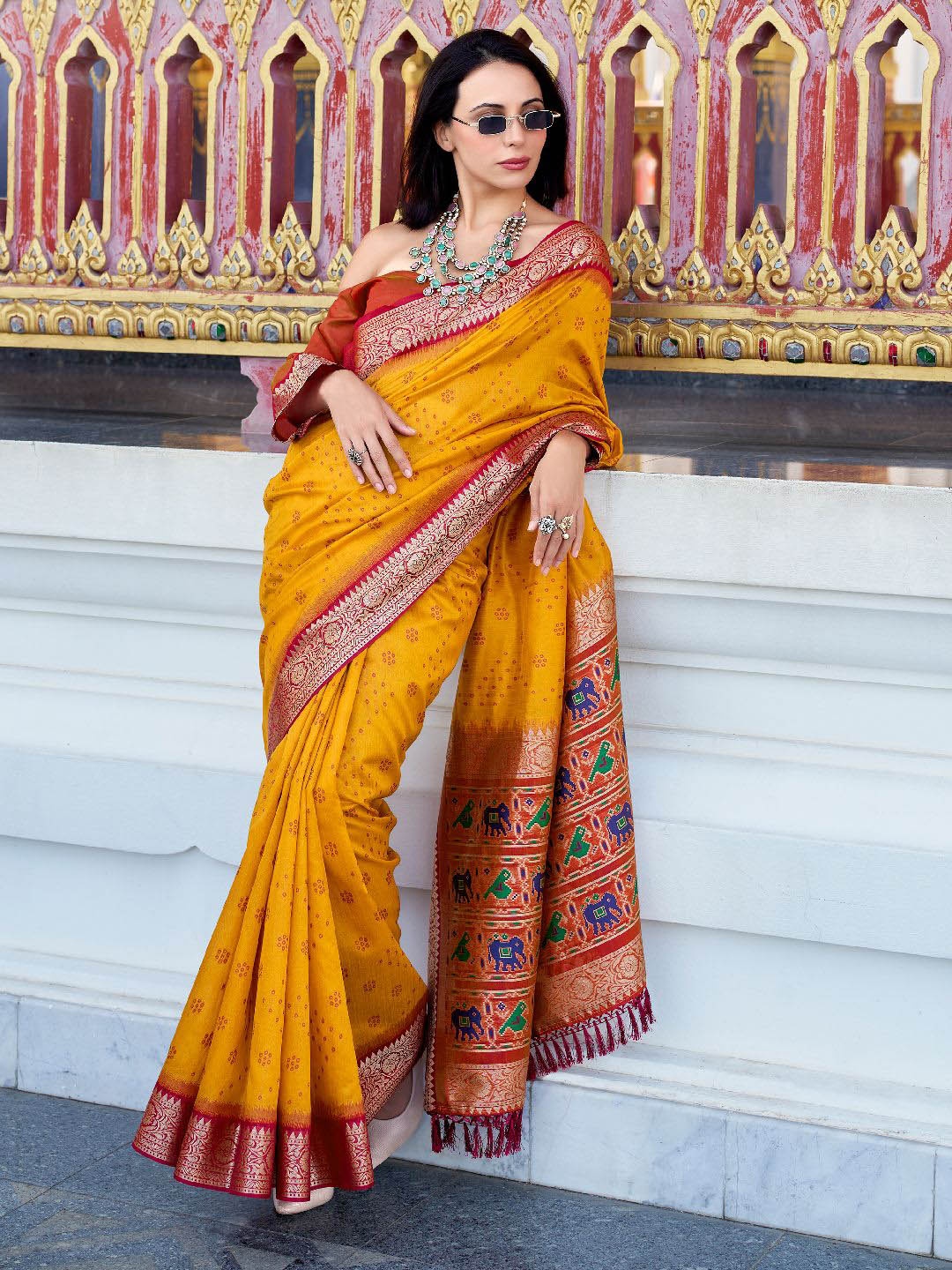 

Mitera Woven Design Zari Silk Blend Tussar Saree, Yellow