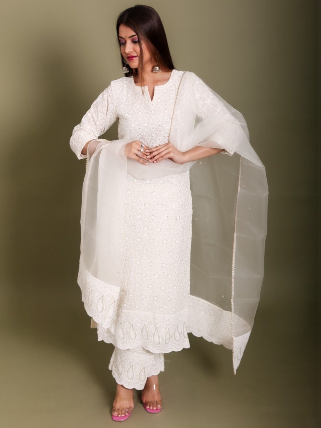 

DRESENCE Floral Embroidered Chikankari Straight Kurta with Trousers & Dupatta, White