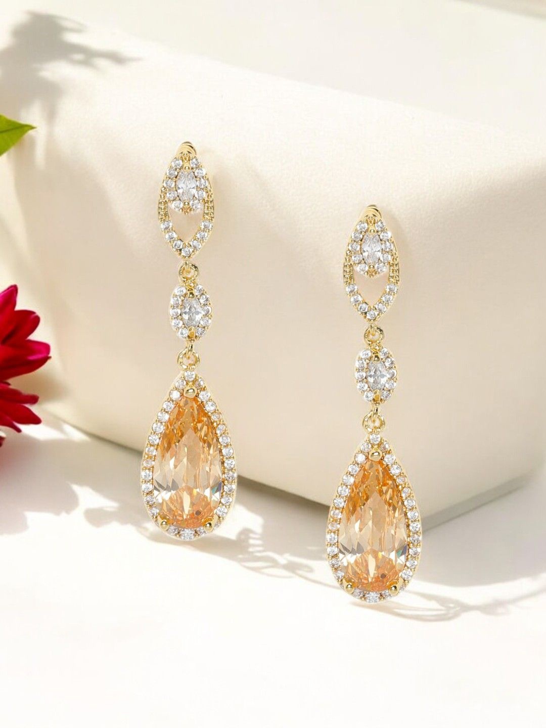 

House of Pataudi American Diamond Rhinestones Studded Teardrop Shaped Drop Earrings, Gold