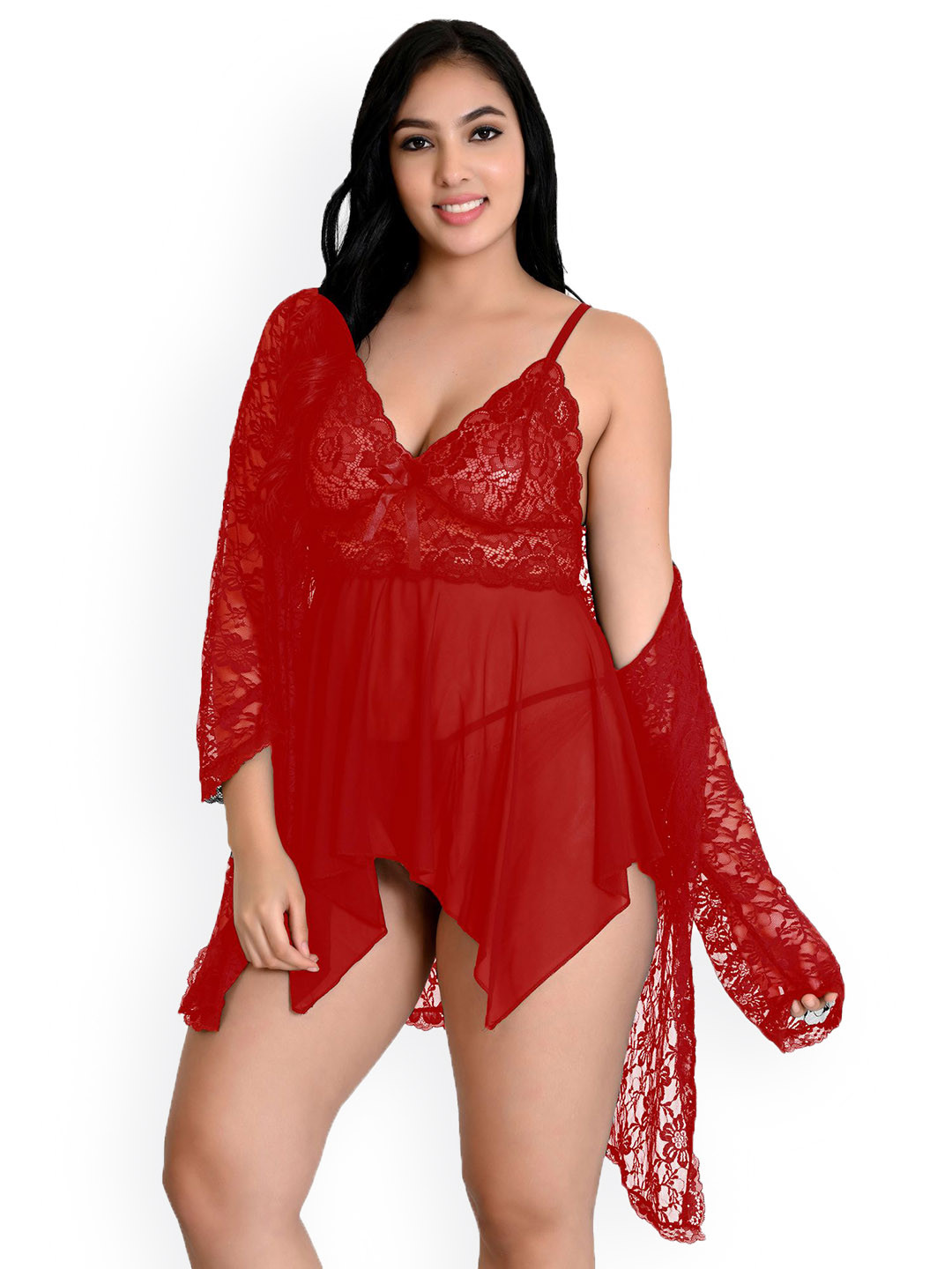 

chia fashions Self Design Net Baby Doll with Robe, Red