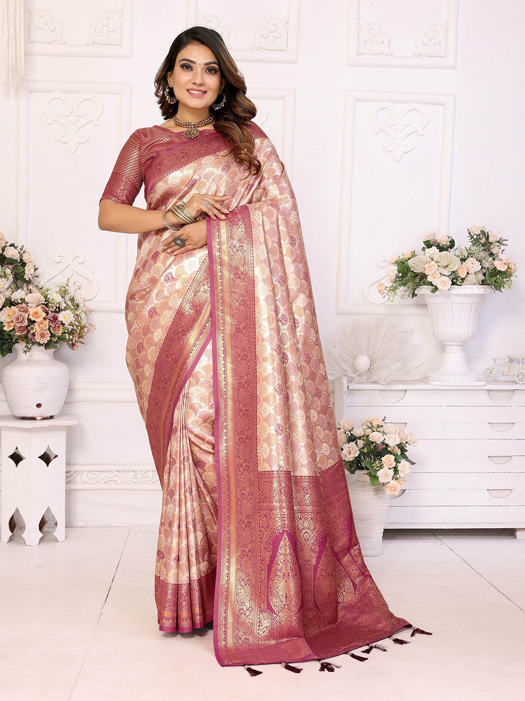 

Vintro Woven Design Zari Pure Silk Banarasi Saree, Maroon