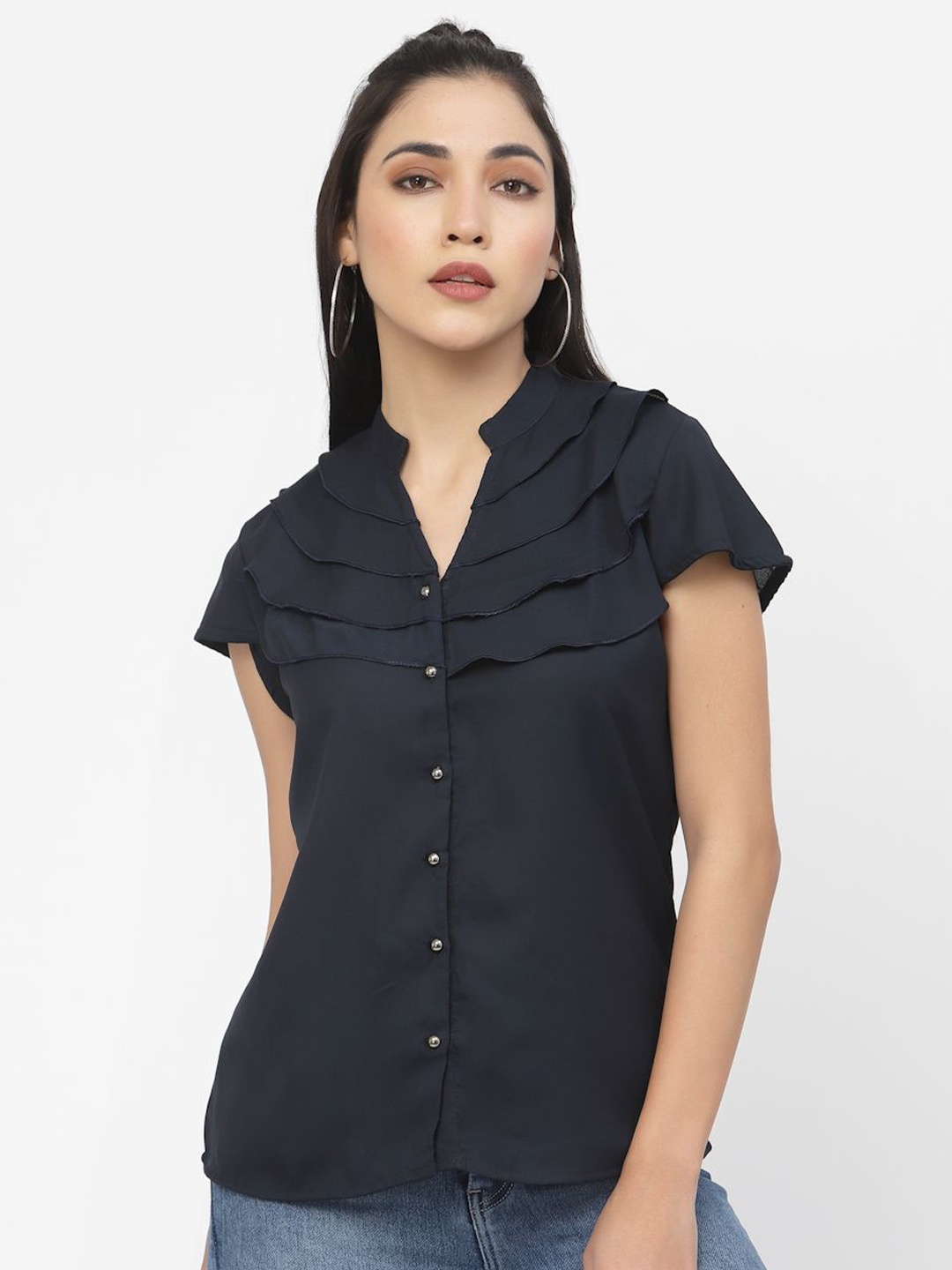 

DELIS Mandarin Collar Cap Sleeves Layered Monochrome Shirt Style Top, Navy blue