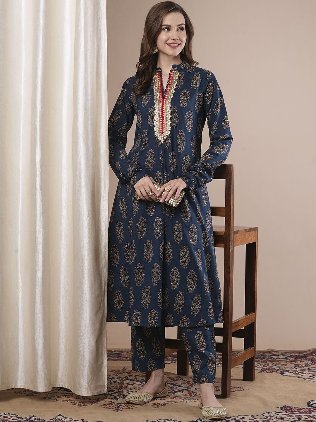 

FASHOR Ethnic Motifs Printed Panelled Mirror Work Pure Cotton Kurta With Trousers, Blue