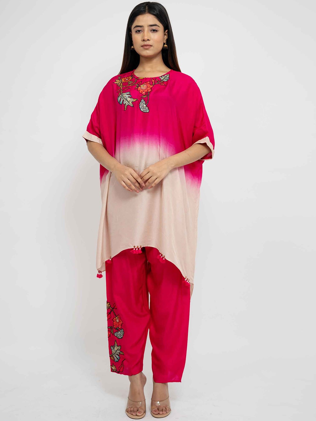 

AFFAIRE'S BY LEVELL5 Ombre Dyed Asymmetric Dupion Silk Kaftan Kurta With Trousers, Magenta