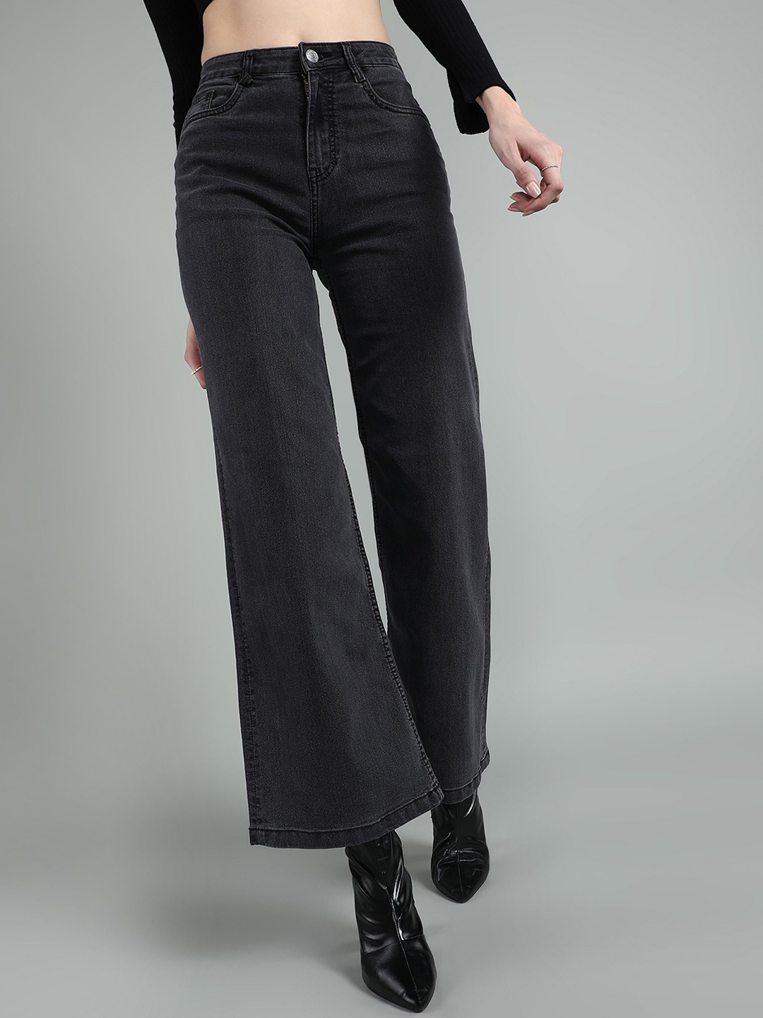 

Mast & Harbour Women Wide Leg High-Rise Stretchable Jeans, Black
