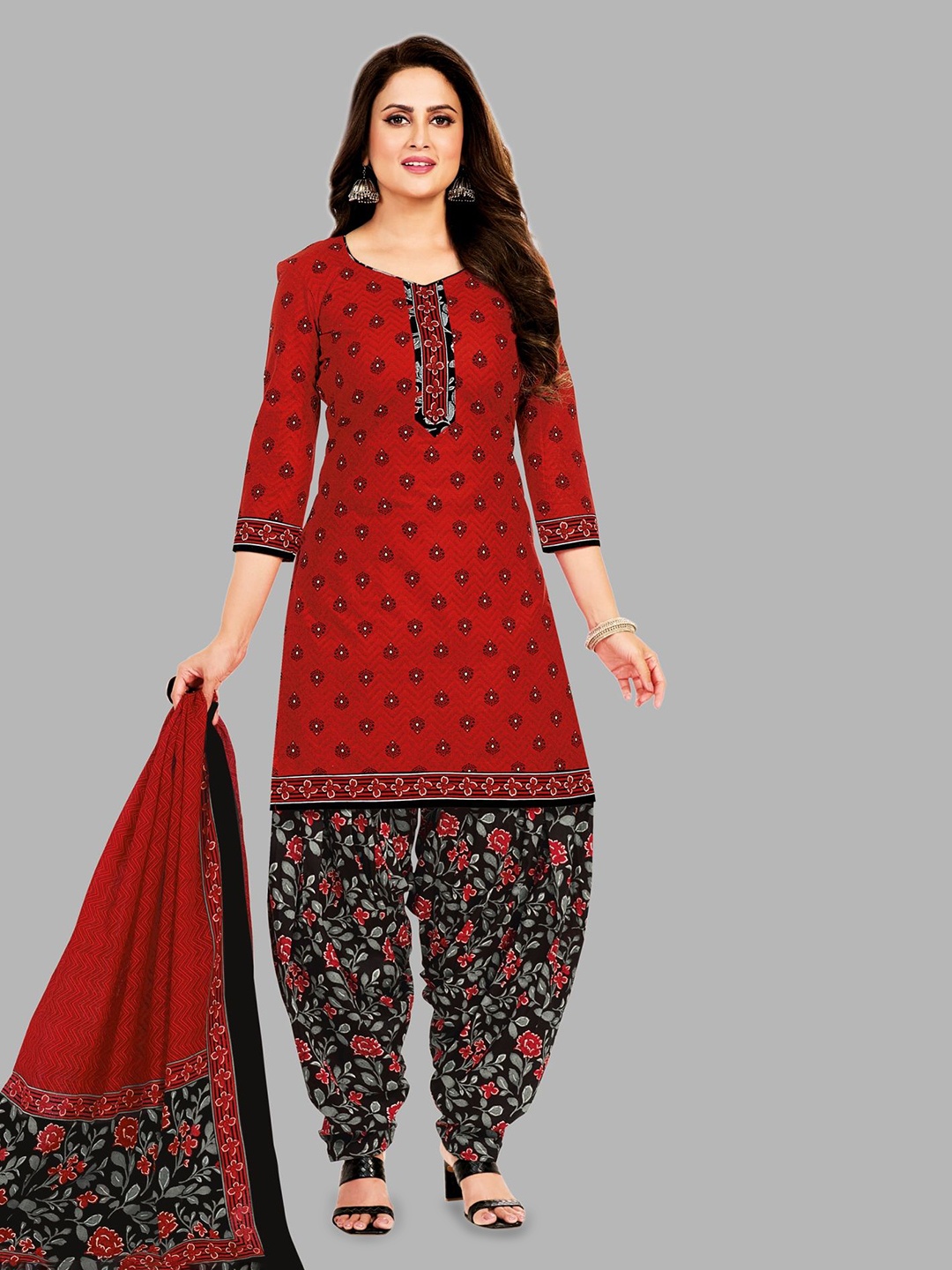 

shree jeenmata Floral Printed Pure Cotton Unstitched Dress Material, Red