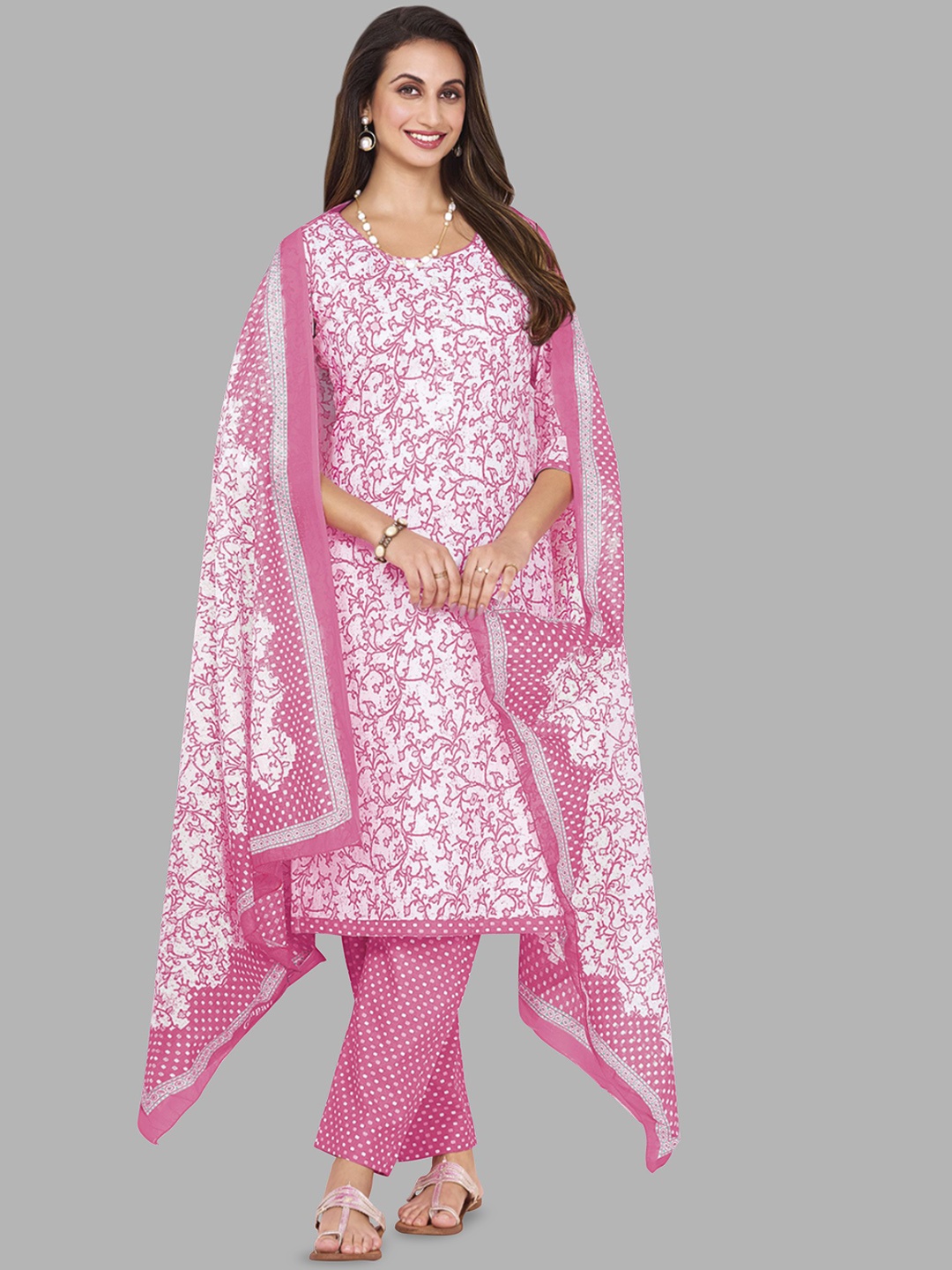 

Simmu Floral Printed Round Neck Pure Cotton Straight Kurta With Trouser & Dupatta, White