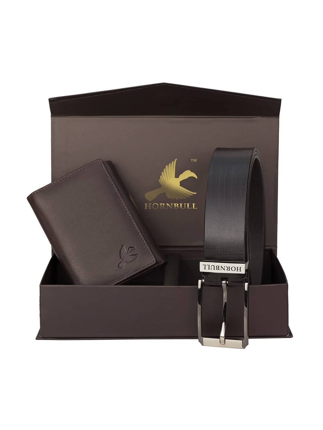 

Hornbull Three Fold Leather RFID Safety Brown Wallet & Black Belt Accessory Gift Set