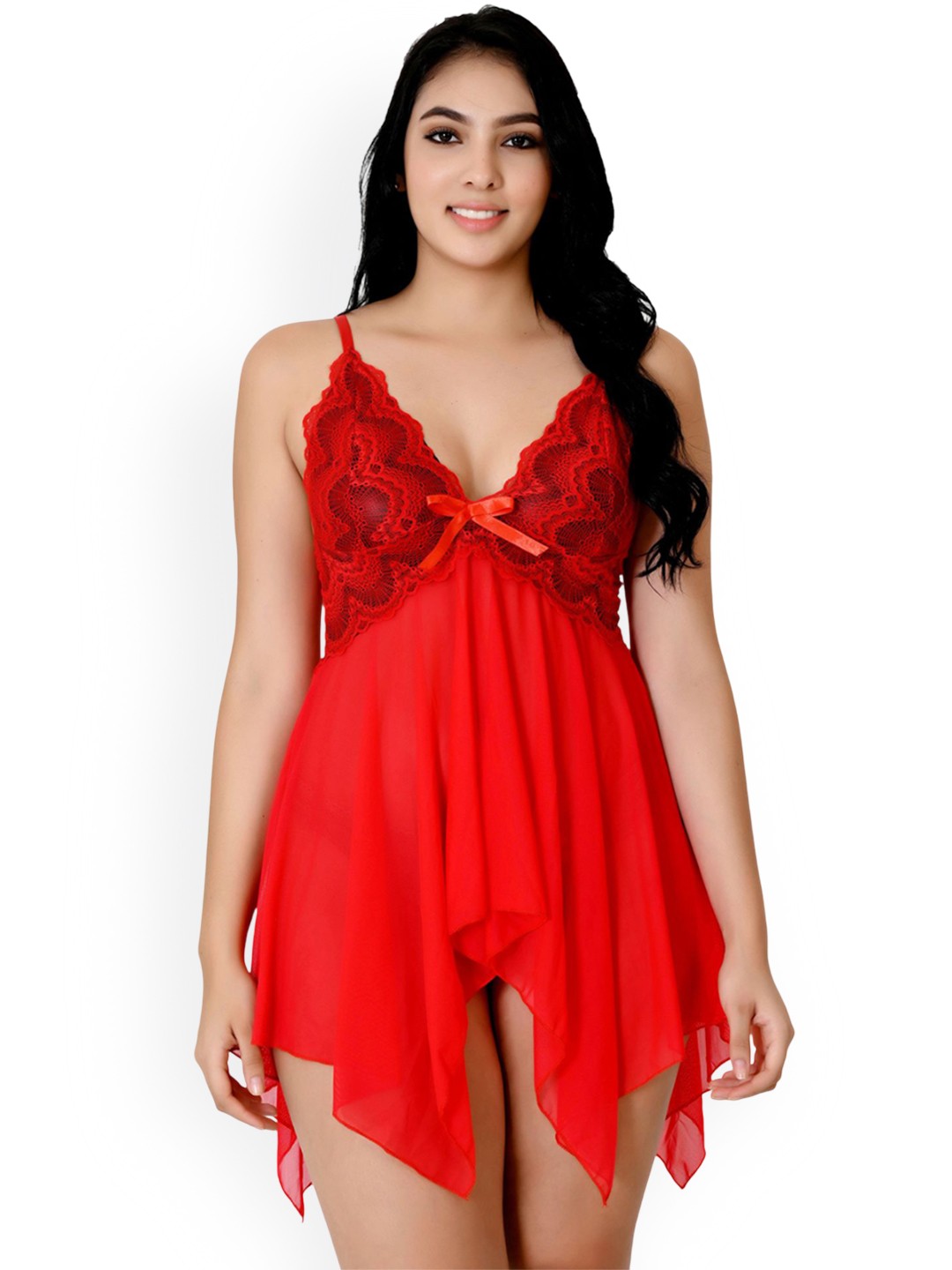 

chia fashions Women Shoulder Straps Baby Doll with Asymmetric, Red