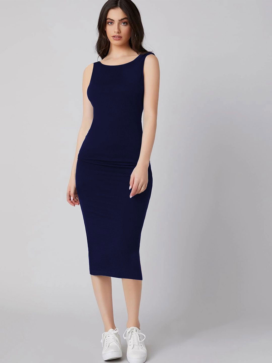 

KERI PERRY Plain Straight Fit Partywear Bodycon Midi Dress, Blue