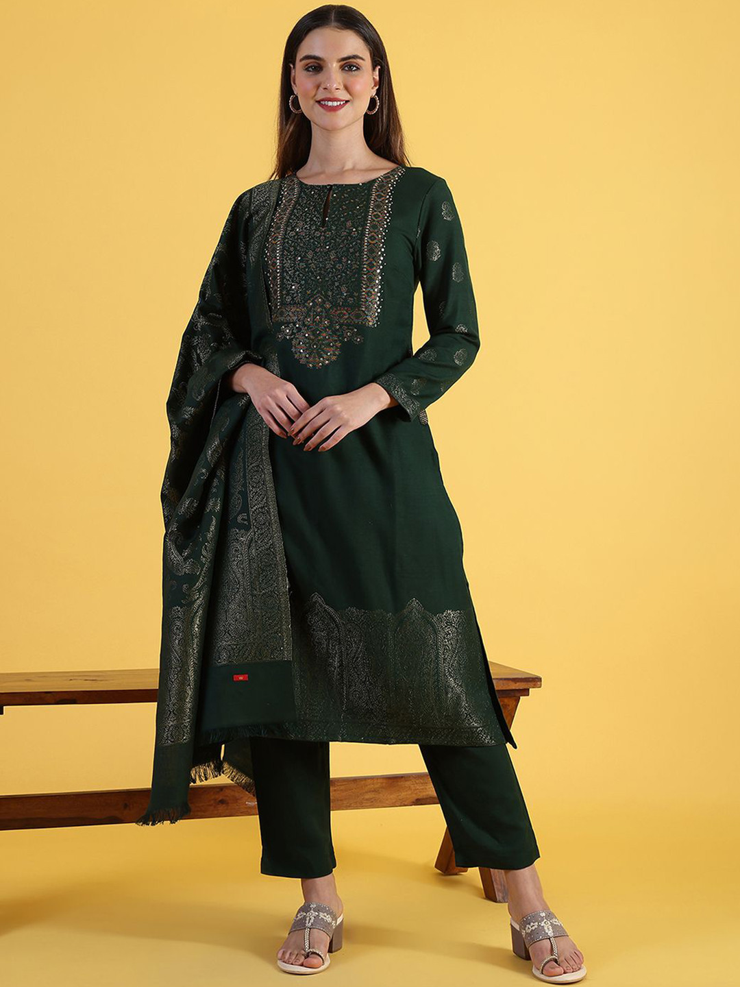 

W Green Floral Embroidered Round Neck Straight Kurta With Trousers And Dupatta