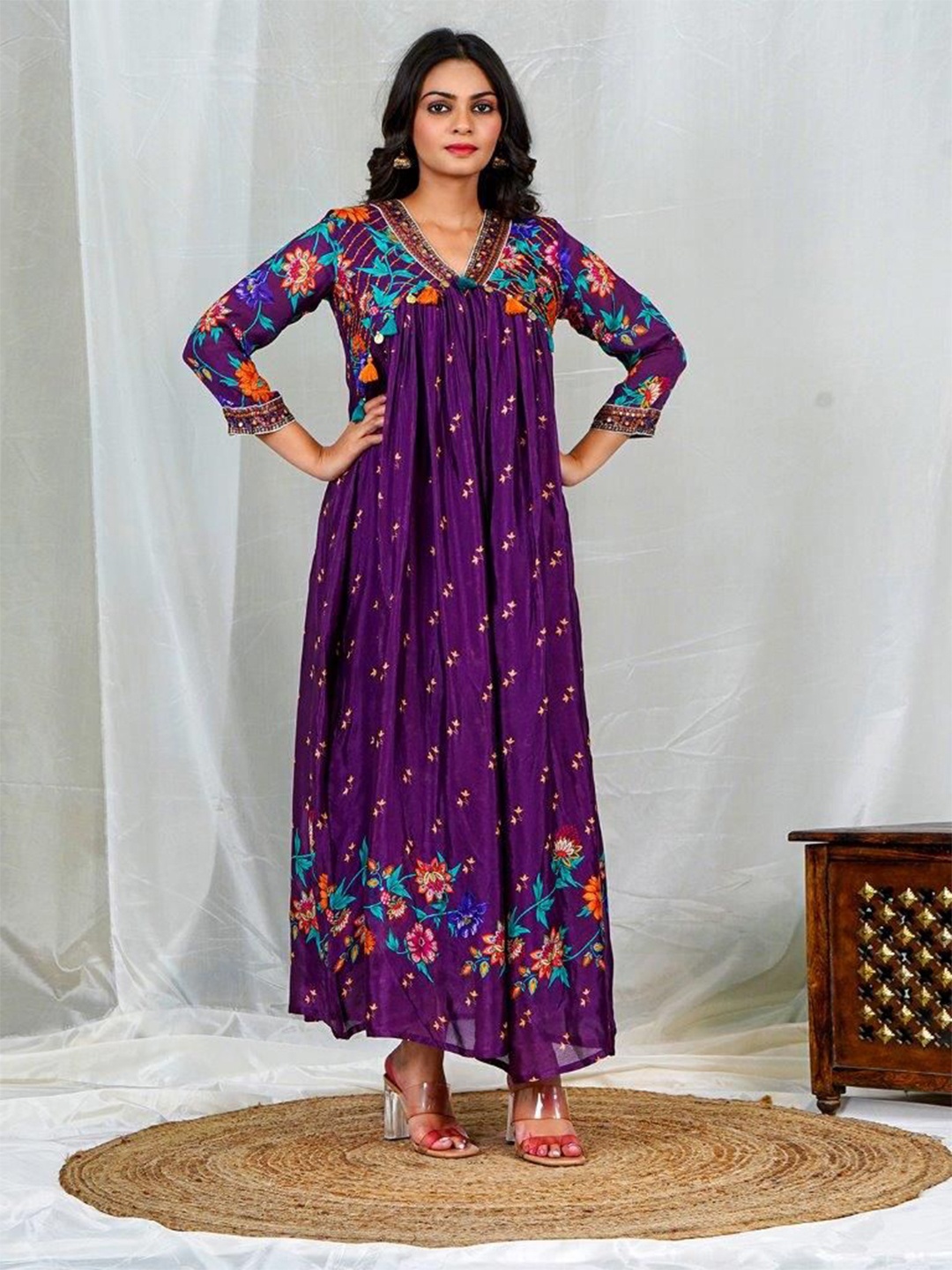 

EARTH O FAB Floral Print Chiffon Maxi Dress, Purple