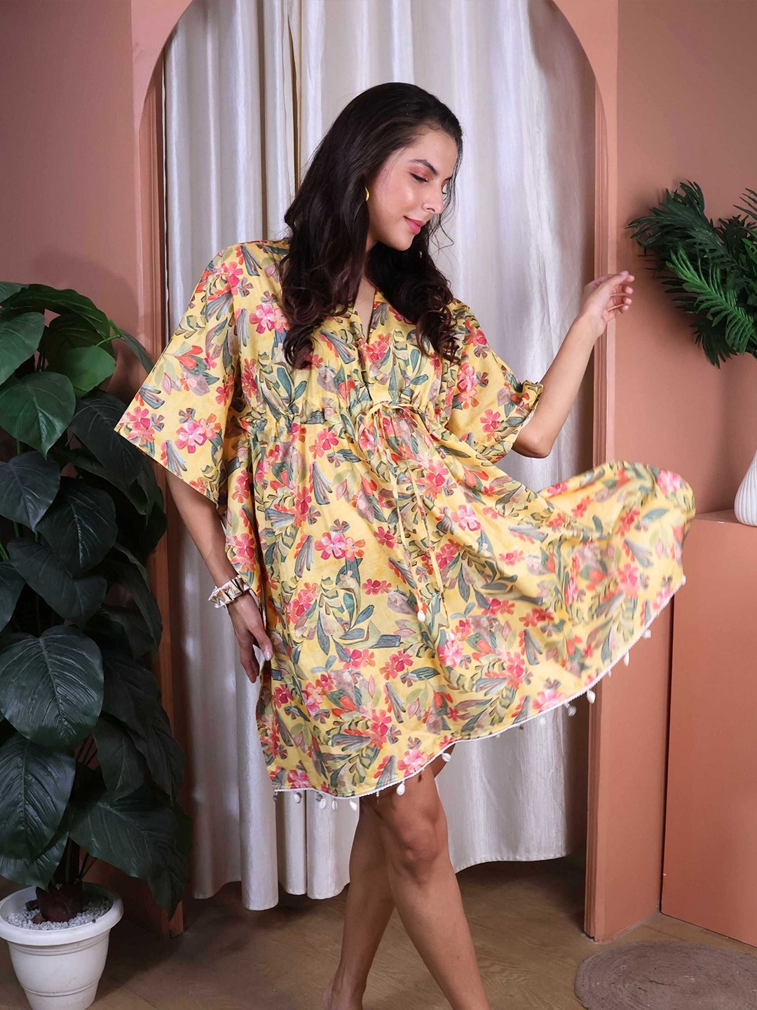 

ALLUREARMOIRE Cotton Floral Printed Kaftan Mini Dress, Yellow