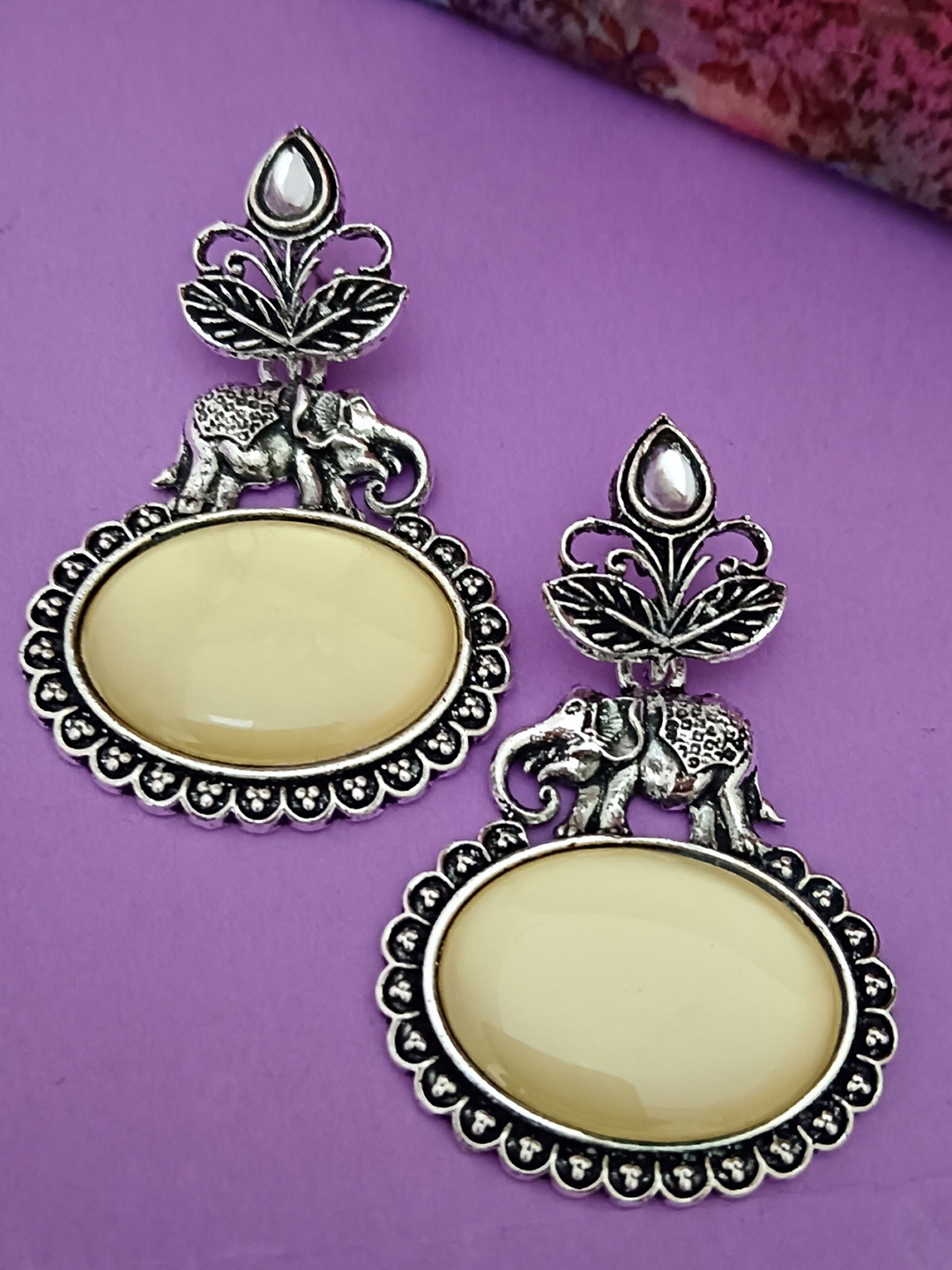 

EVY Silver-Plated Artificial Stones Studded Drop Earrings, Cream
