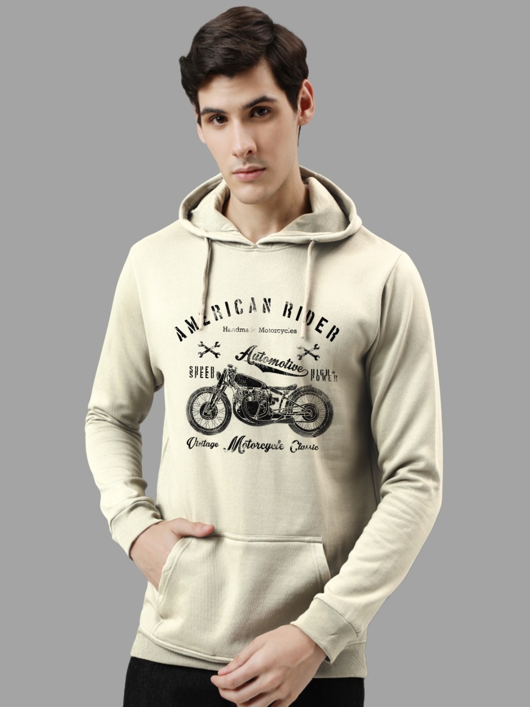 

ADRO Men Cotton Printed Long Sleeves Hooded Sweatshirt, White
