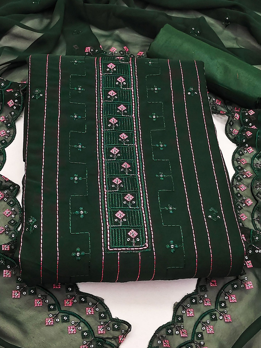 

SHADOW & SAINING Embroidered Silk Georgette Unstitched Dress Material, Green