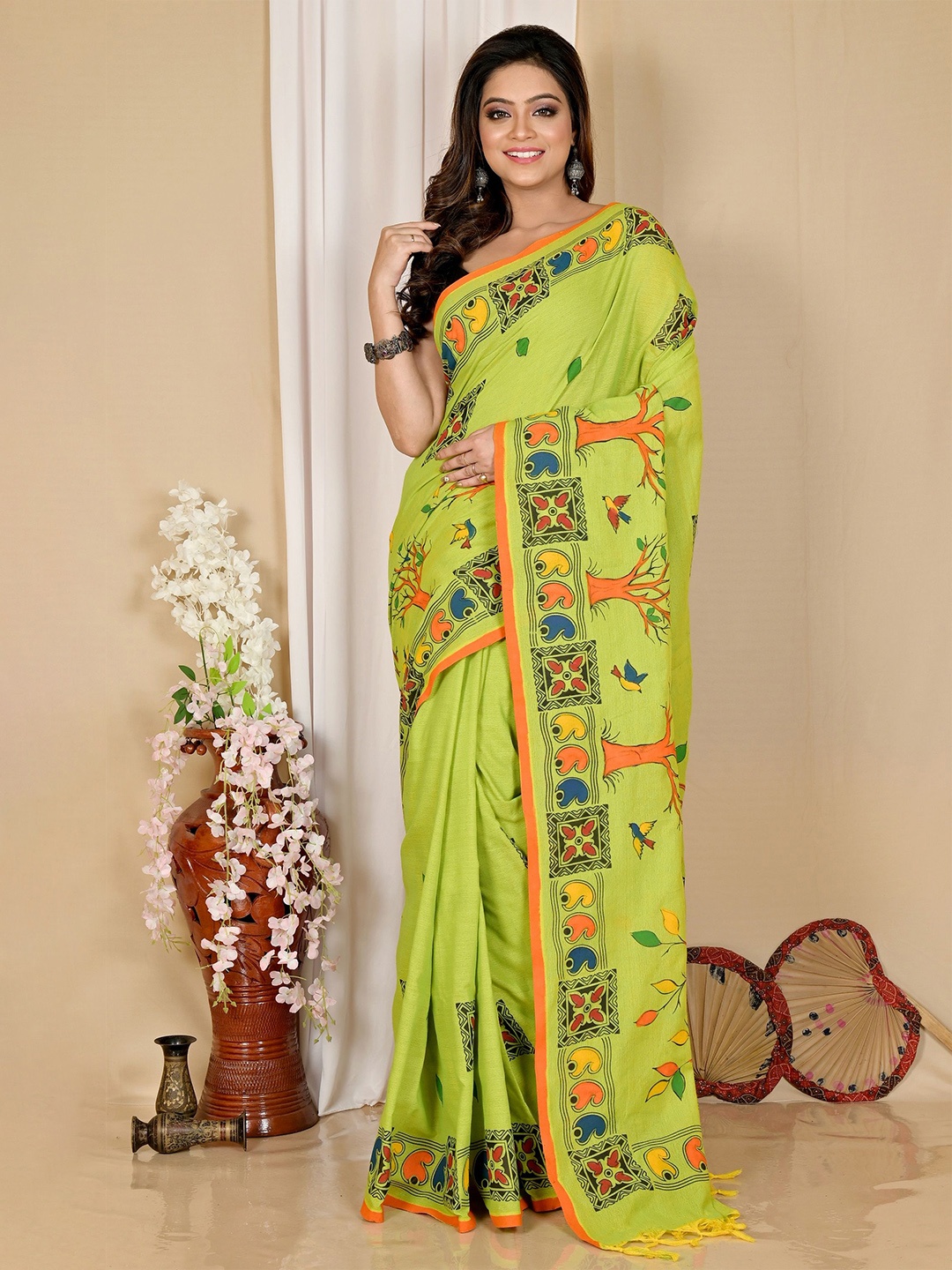 

DipDiya Asu Pure Cotton Taant Saree, Green