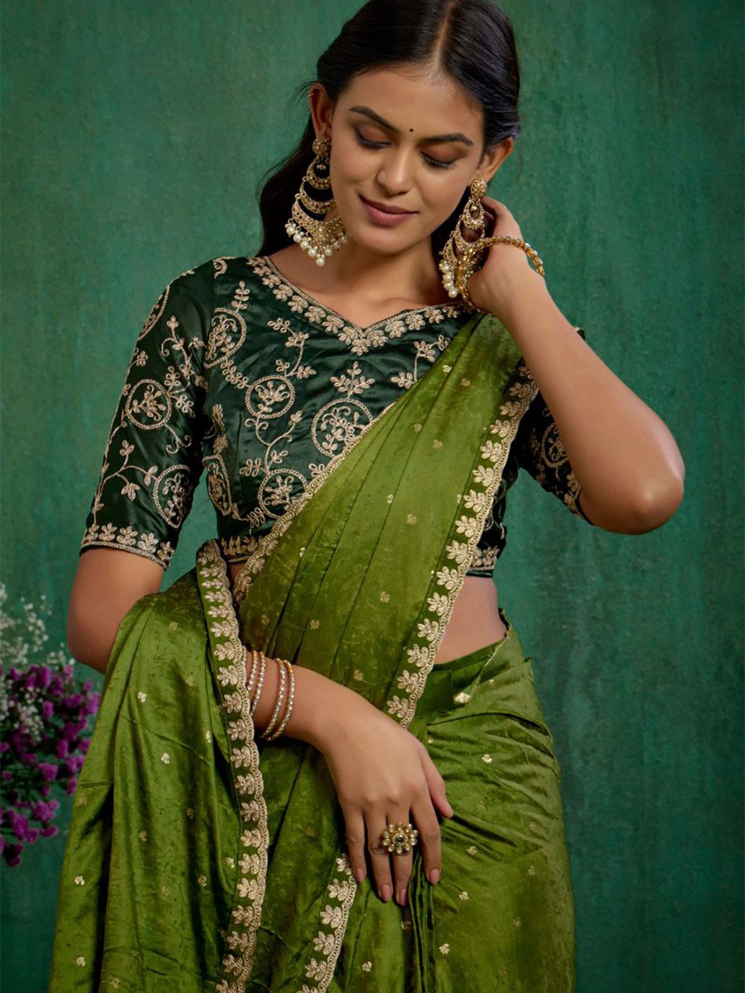 

Sangria Embroidered Saree With Blouse Piece, Olive