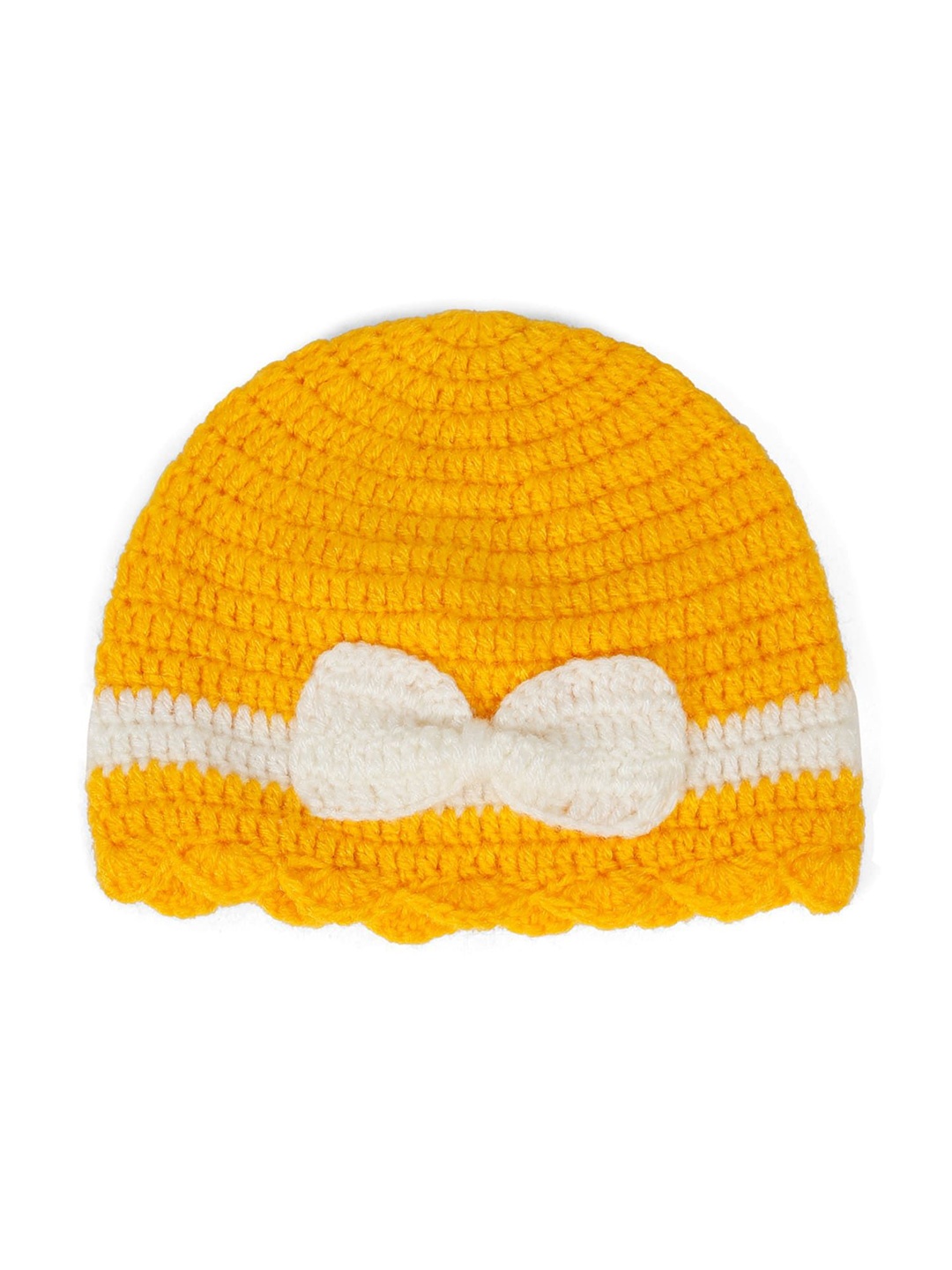 

LITTLE GINNIE Kids Yellow & White Self Design Bow Crochet Woollen Beanie