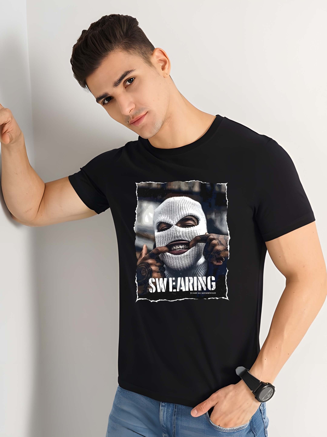 

Krimmple Men Graphic Printed Round Neck Cotton T-shirt, Black
