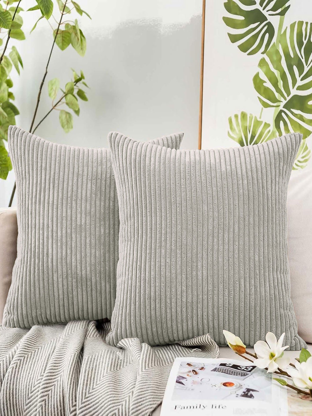 

LUXEHOME INTERNATIONAL Taupe 2 Pieces Striped Printed Square Cushion Covers