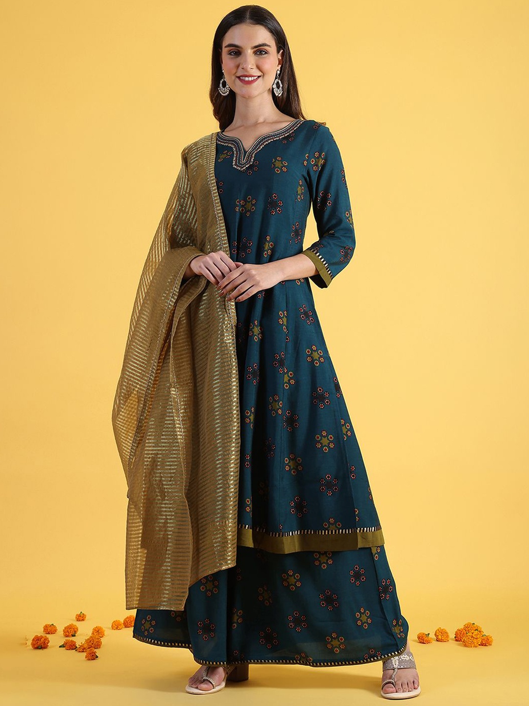 

W Blue Ethnic Motifs Printed Notch Neck A-Line Kurta With Palazzos And Dupatta