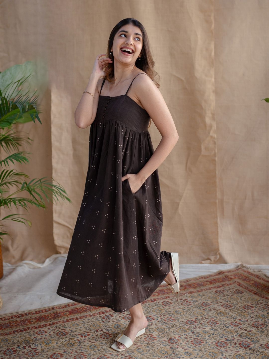 

THE INDIAN ETHNIC CO Women Polka Dots Printed Cotton A-Line Midi Dress, Charcoal