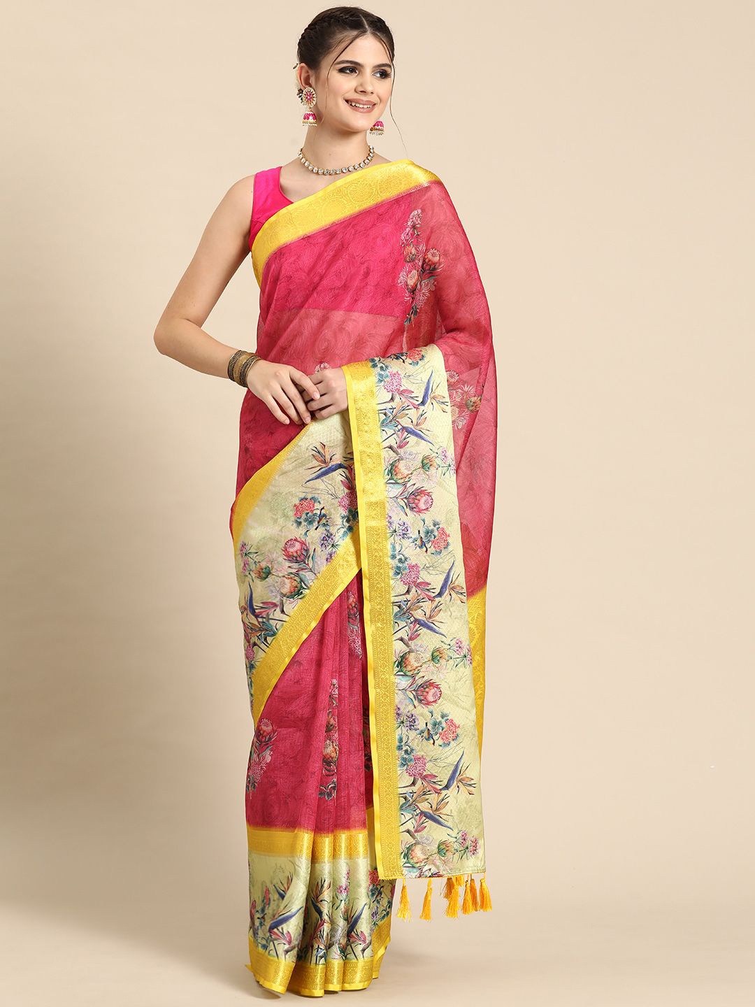 

DIVASTRI Kanjivaram Soft Silk Digital Printed Zari Woven Saree, Red