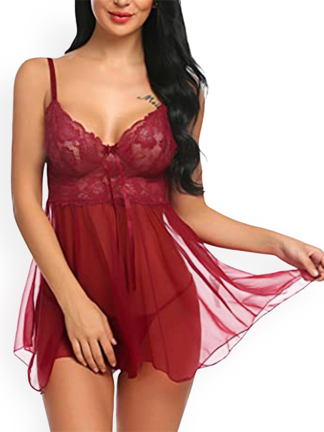 

Fihana Self Design Net Baby Doll, Maroon