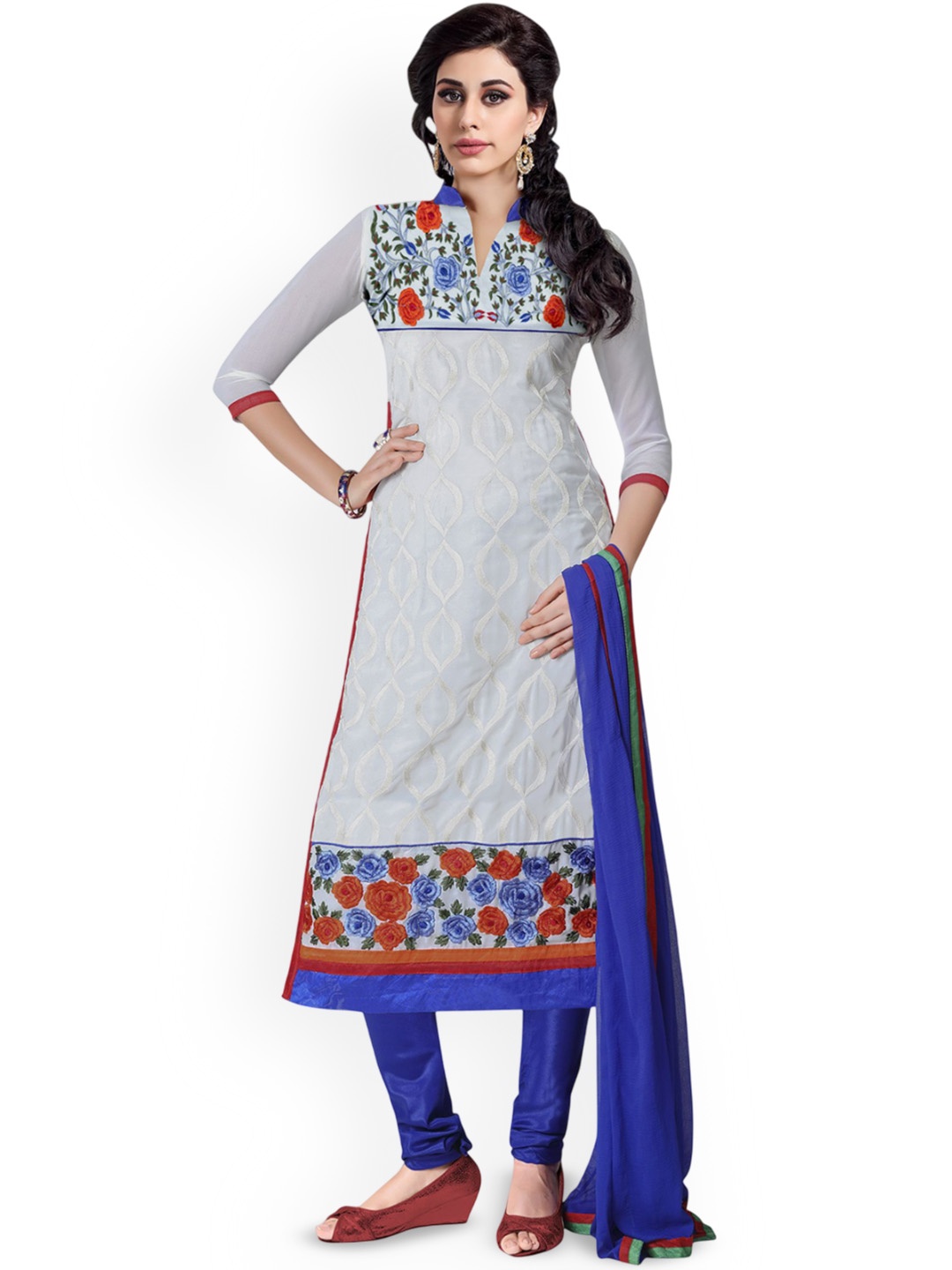 

HERE&NOW Floral Embroidered Silk Georgette Unstitched Dress Material, White