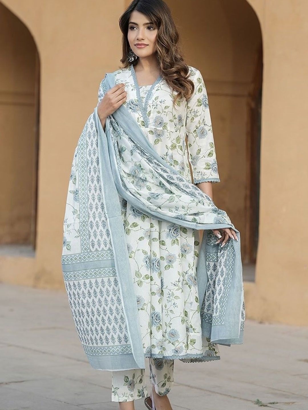 

KALINI Floral Printed V-Neck Pure Cotton Straight Kurta With Trousers & Dupatta, Turquoise blue