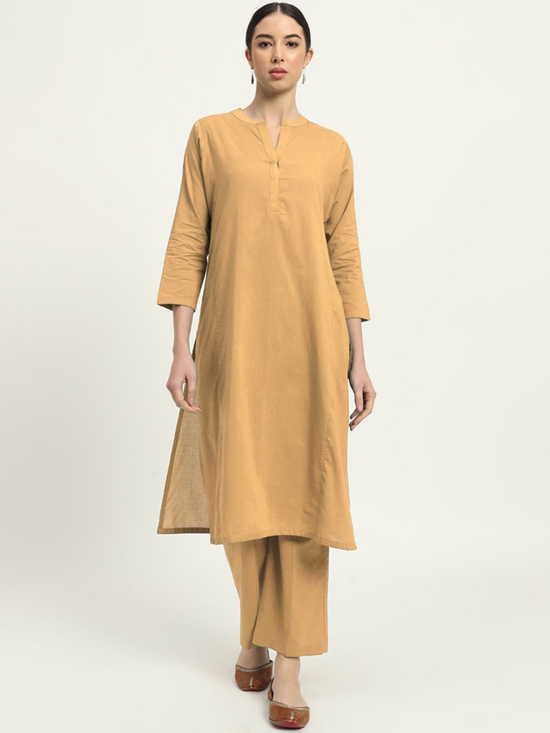 

Thevasa Everyday Bliss Mandarin Collar Pure Cotton Straight Kurta With Palazzos, Beige