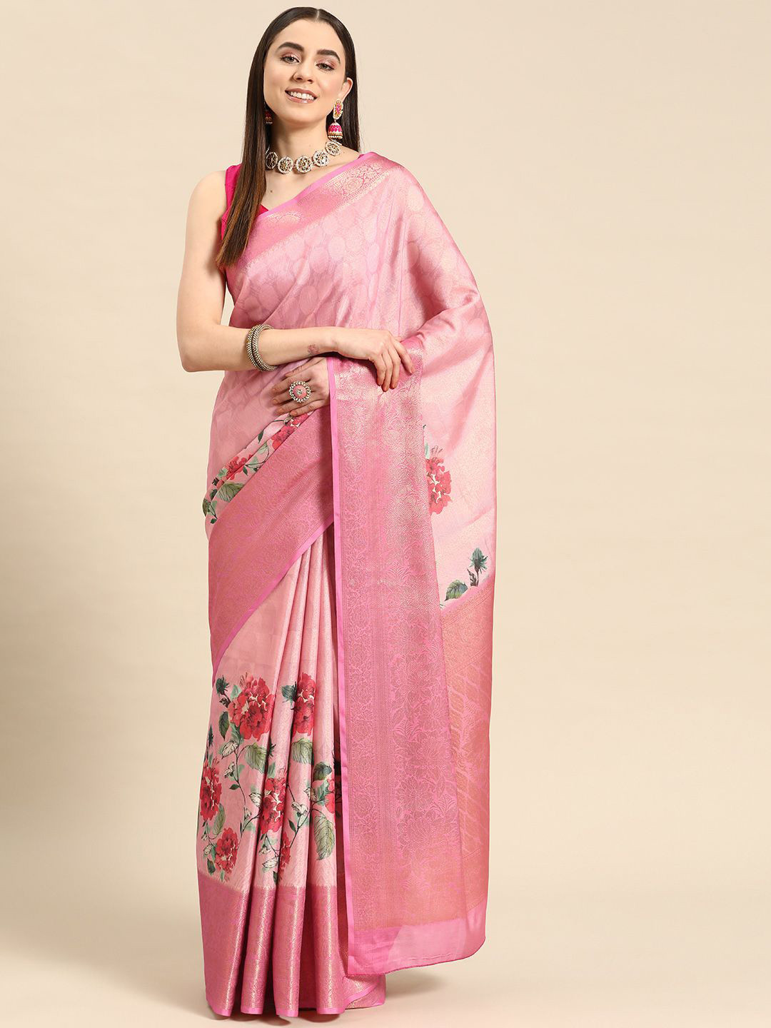 

DIVASTRI Banarasi Tissue Soft Silk Zari Woven Digital Printed Saree, Pink