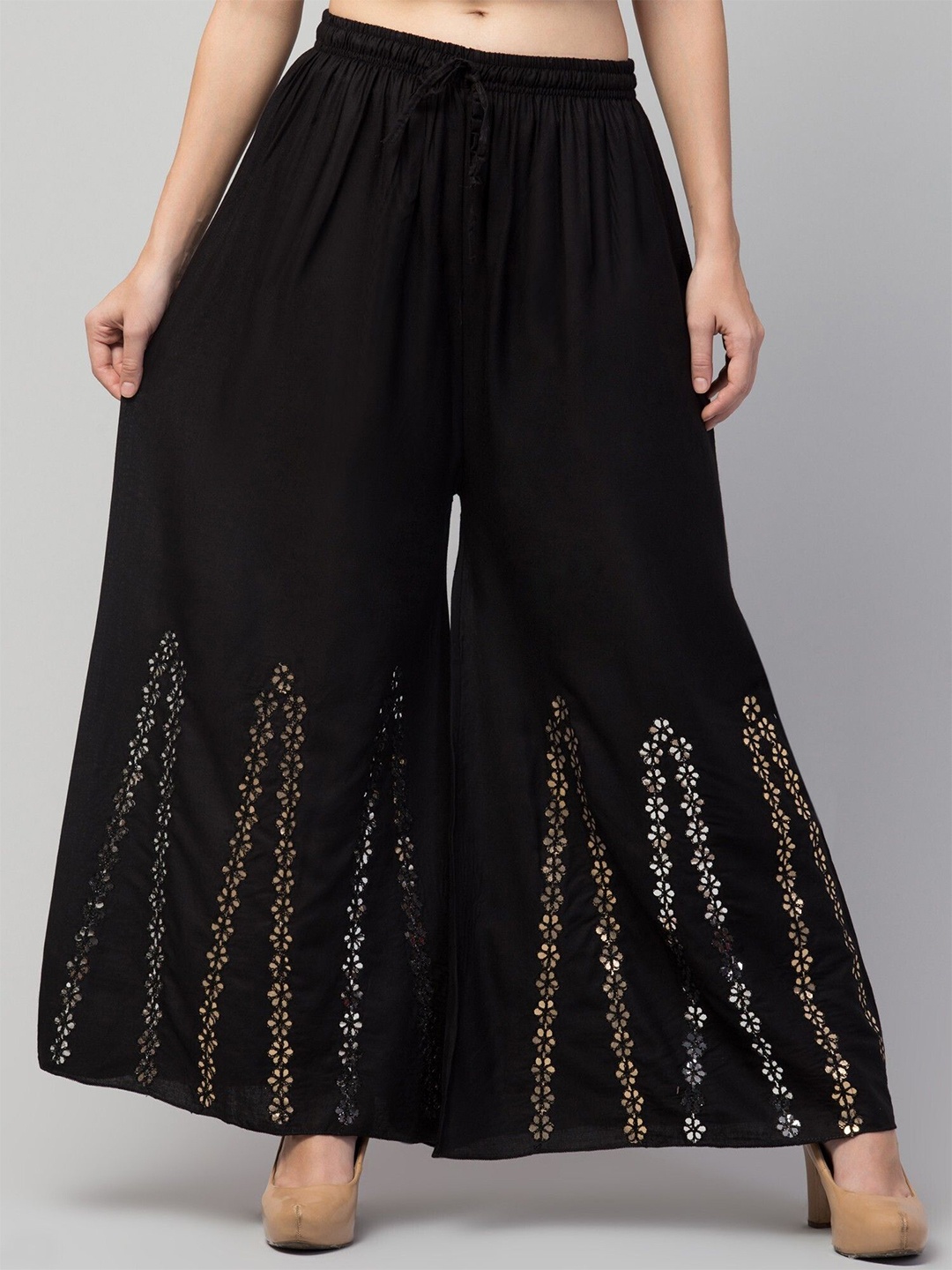 

FAMBEE Women Floral Printed Flared Knitted Palazzos, Black