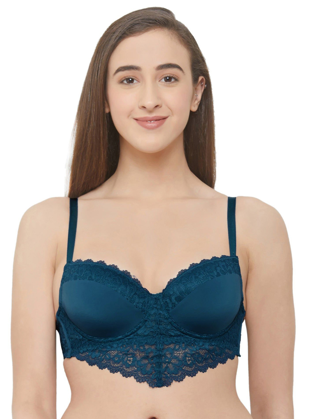 

Soie Women Semi & Medium Coverage Padded Wired Demi Cup Lace Bra, Teal
