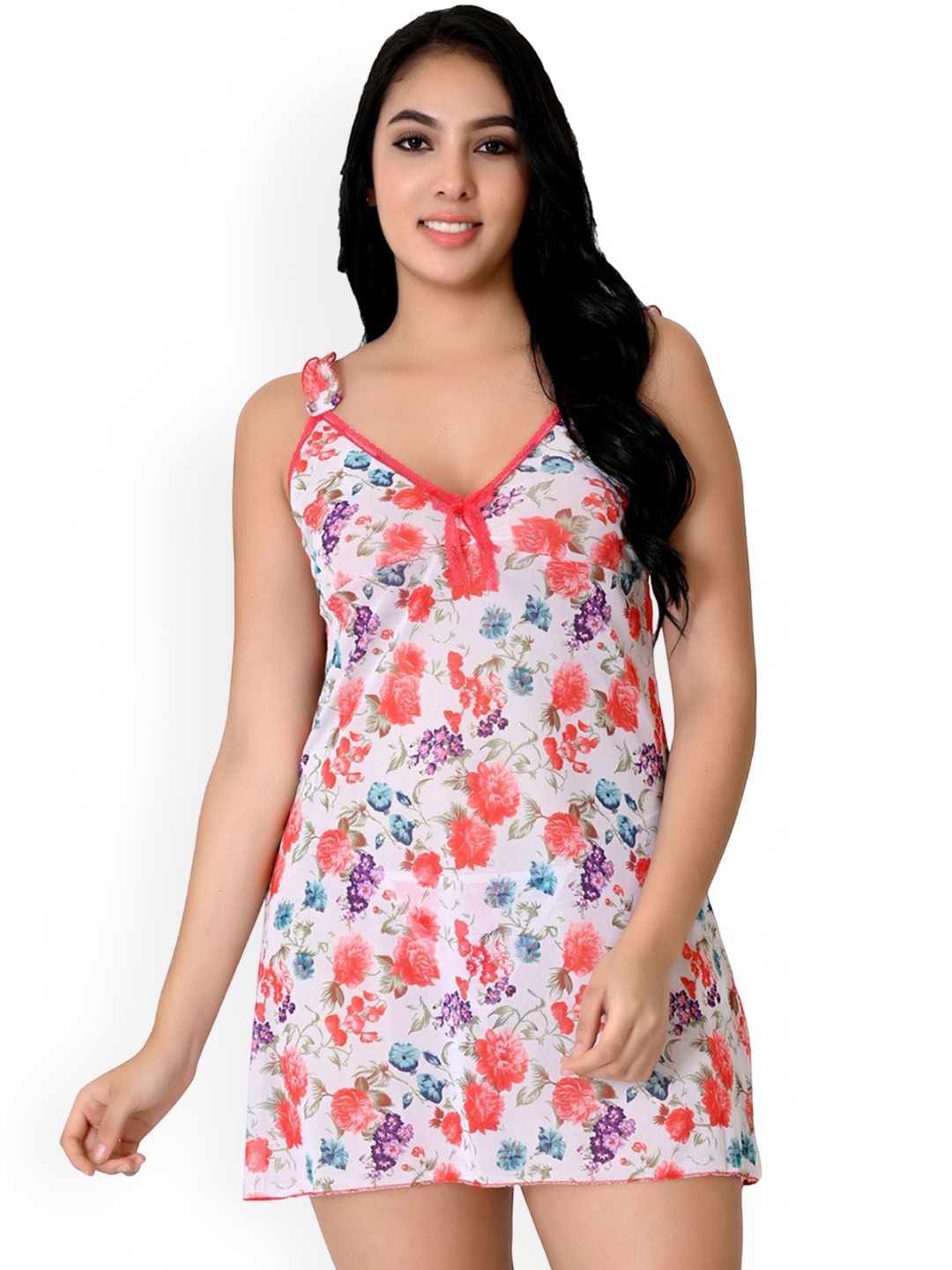 

chia fashions Floral Printed Net Nightdress, Red
