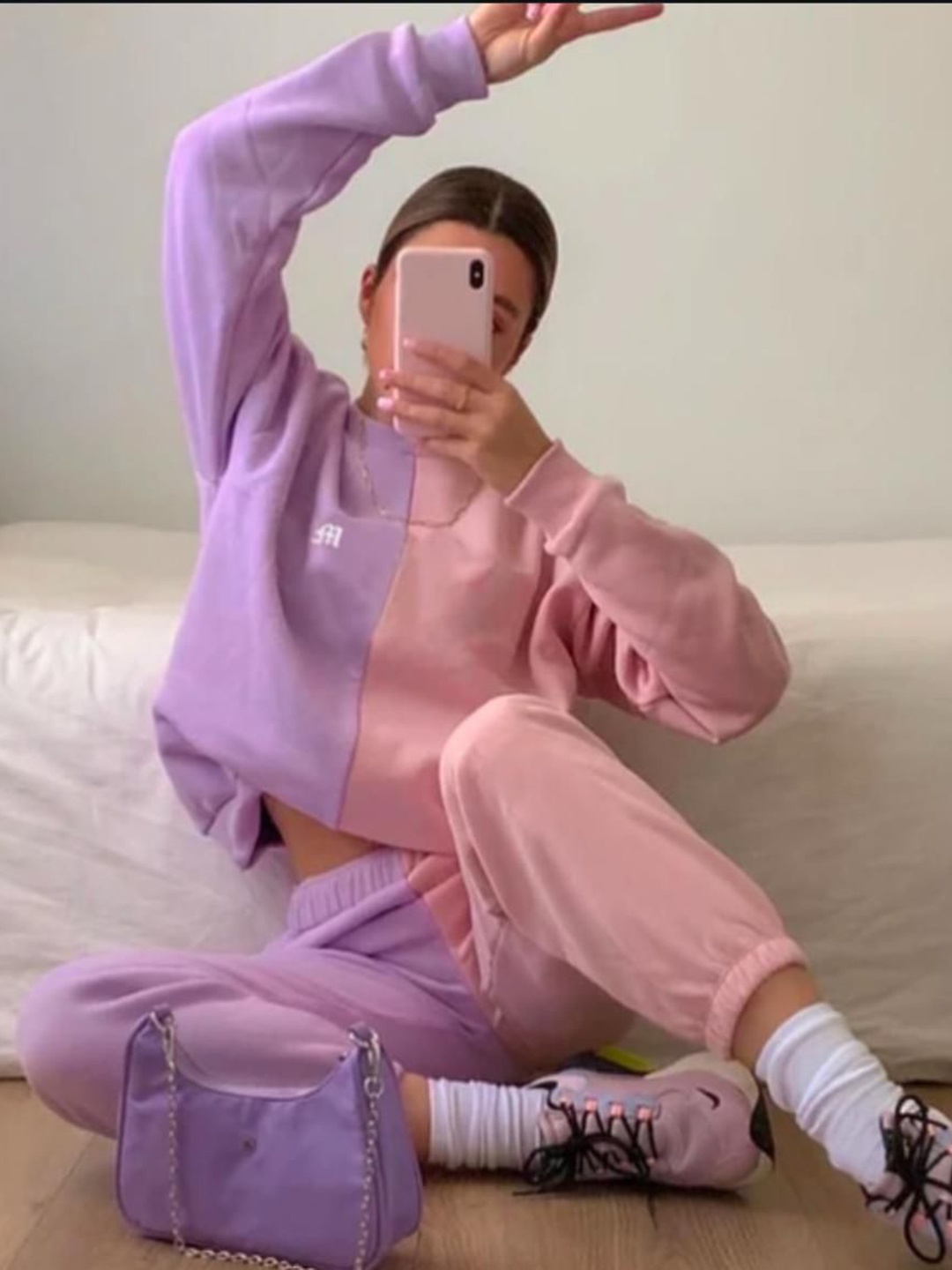 

MADE FOR HER LABEL Colour Blocked Round Neck Sweatshirt With Trouser, Lavender