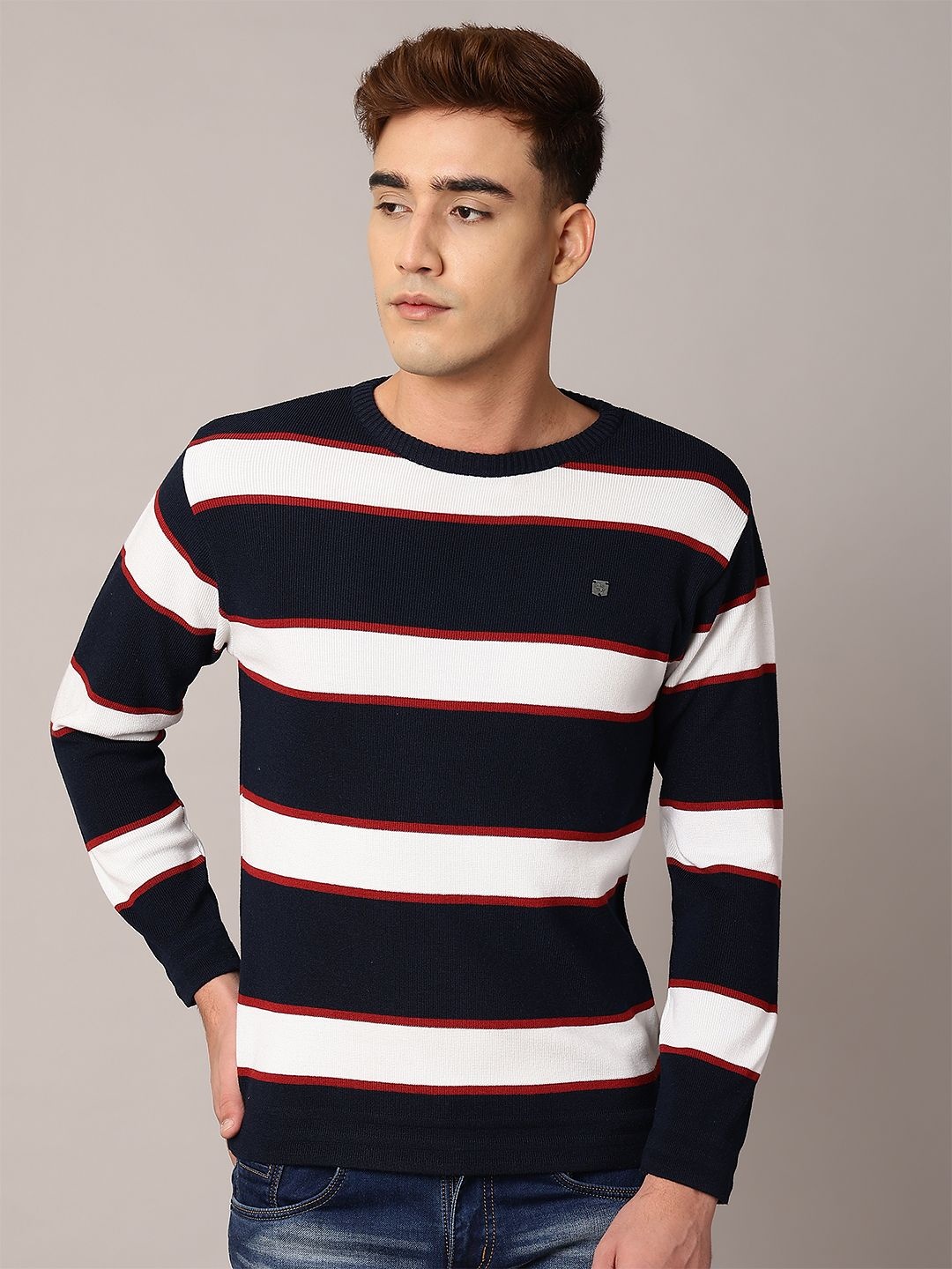

TQS Men Acrylic Striped Pullover, Navy blue