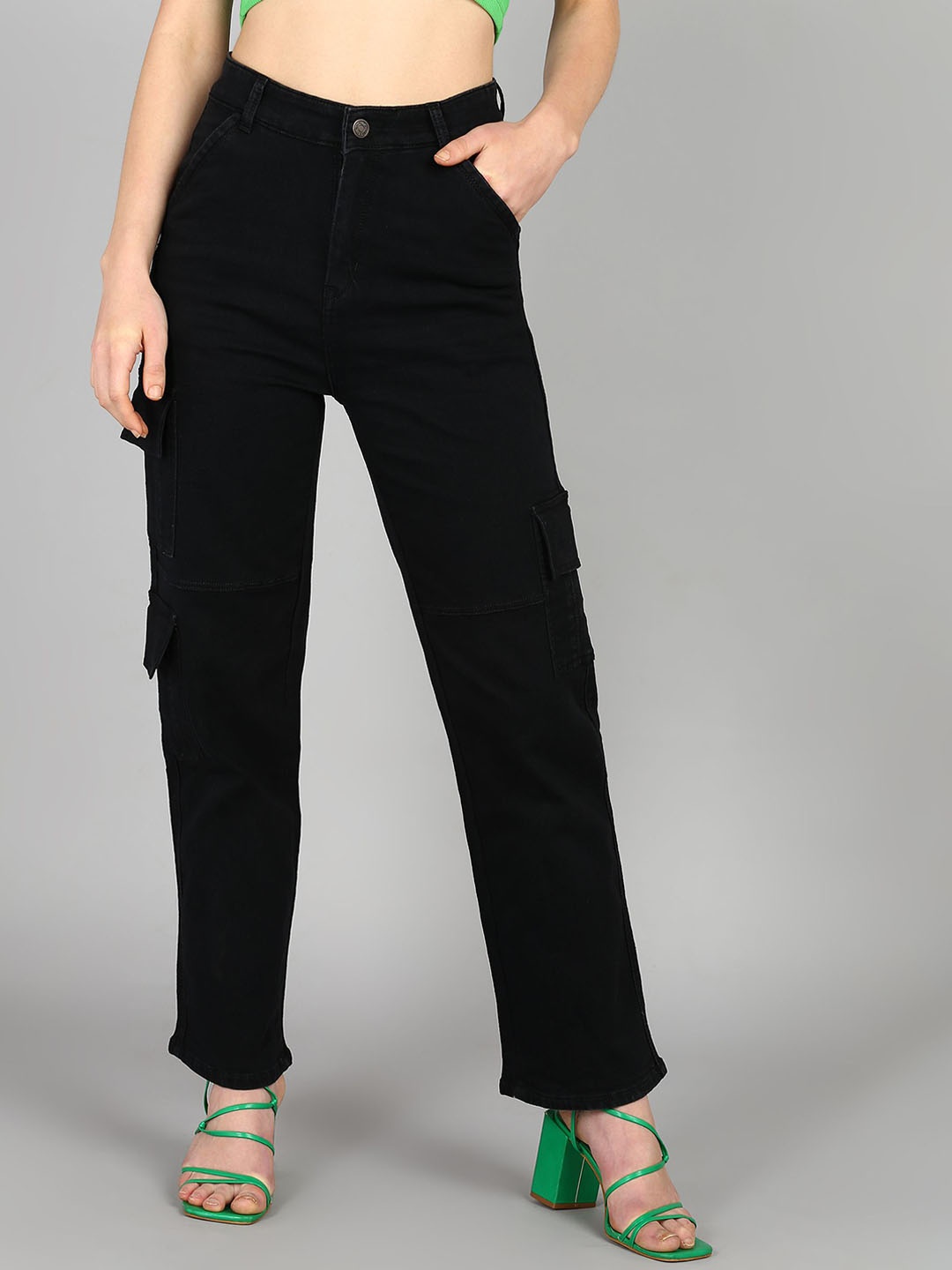 

DressBerry Women Comfort Wide Leg High-Rise Stretchable Cargo Jeans, Black