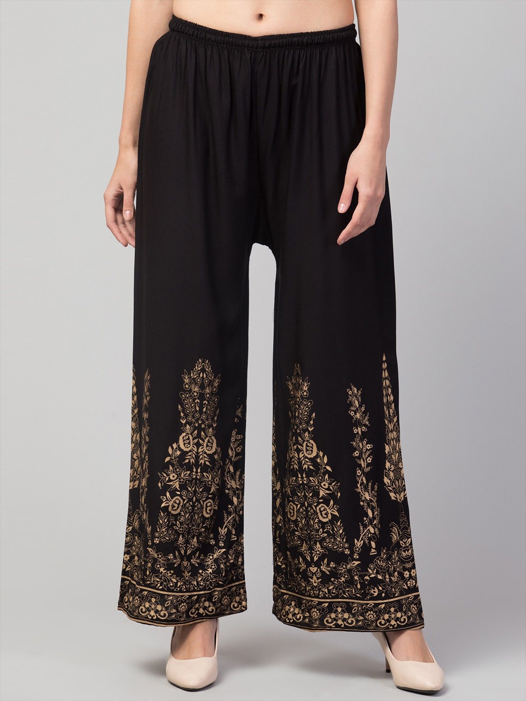 

FAMBEE Women Floral Printed Flared Knitted Palazzos, Black