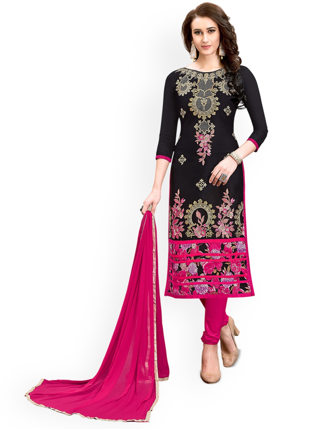 

HERE&NOW Floral Embroidered Unstitched Dress Material, Black